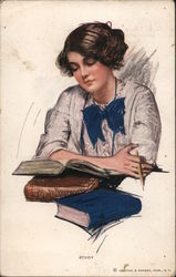 Study - Young woman studying on books College Girls Postcard Postcard Postcard