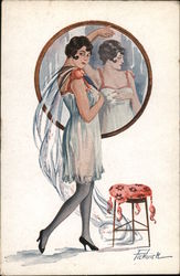 Woman in negligee y posing in front of round mirror Artist Signed Pickuick Postcard Postcard Postcard