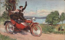 Couple on Indian Motorcycle, sidecar Postcard