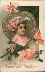 With Love and Devotion. A child's face on a mosaic heart with roses in the background Hearts Ellen Clapsaddle Postcard Postcard Postcard