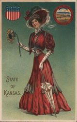 State Of Kansas, With Woman In Fancy Dress And Hat State Girls Postcard Postcard Postcard