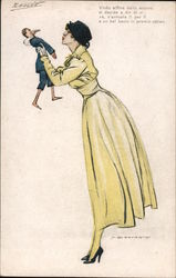 Lady in a yellow dress with tiny man Postcard