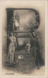 A Woman and Two Girls Standing in an R Alphabet Letters Postcard Postcard Postcard