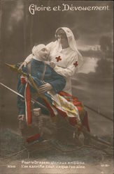 Red Cross Nurse Bandaging a Soldier Clutching a Flag Postcard