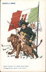 Guerra ed Amore - Millitary scene with Cherubim, lion, soldier and war nurse holding Italian Flag World War I Postcard Postcard Postcard