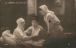 Red Cross La Lecture du Journal. A hospital scene with a patient reading a paper with a visitor and a nurse. Postcard