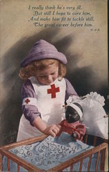 Little Girl in Nurse Costume Caring for Baby Doll in Crib Red Cross World War I Postcard Postcard Postcard