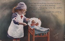 Little girl in nurse costume caring for baby doll Red Cross Postcard