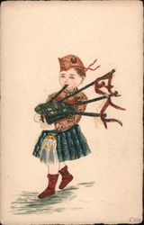 Stamp Montage: Young boy playing a bagpipe in Highland dress Scotland Macerated Money & Stamps Postcard Postcard Postcard