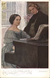 A Woman Sitting at a Piano with a Man Standing Next to Her Music Postcard Postcard Postcard