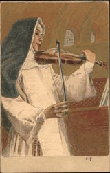 Nun playing a Violin Music Postcard Postcard Postcard