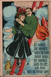 Female fire fighter saving a man's life Postcard