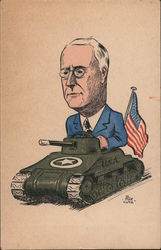 Franklin D. Roosevelt riding a tank with the American flag on the back World War II Peter Lutz Postcard Postcard Postcard