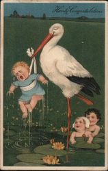 Hearty Congratulations - Stork lifting a crying baby boy from pond, while 2 other babies watch Postcard Postcard Postcard