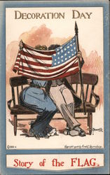 Decoration (Memorial) Day - Story of the Flag - Couple on a bench kissing behind the flag Postcard