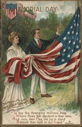 Memorial Day - Woman and Man Raising the American Flag Postcard