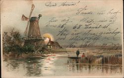 Dutch Windmill at Sunset, Fishing Boat Postcard