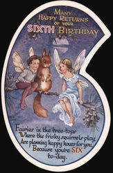 Fairies and Squirrel Sitting on Tree Branch Sixth Birthday Die Cut Postcard