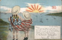 Children with American Flag watching Sunset 1915 Panama-Pacific Exposition Postcard Postcard Postcard