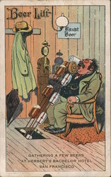 Beer Lift - A Man in a Chair Drinking Beer from a Conveyor Belt Postcard