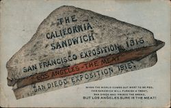 The California Sandwich with San Francisco & San Diego Exposition as bread & Los Angeles the meat. 1915 Panama-Pacific Expositio Postcard