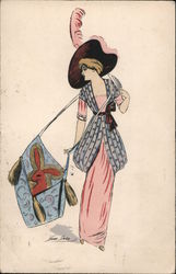 Woman in Hat With Large Handbag and Rabbit Series 526 Postcard