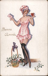 Woman in Negligee Standing Next to a Basket of Flowers Series 61 Postcard