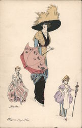 Woman with umbrella and fancy hat accompanied by two smaller women in ballroom dress Series 515 Postcard