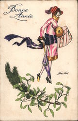 Woman Purple Dress Umbrella, Sprig Of Mistletoe - Happy New Year Postcard