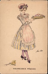 Happy Easter Woman in dress holding a plate of eggs Series 7 Postcard