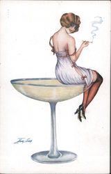 Woman In Nightie Smokes Perched On A Giant Champagne Glass Series 13 Postcard