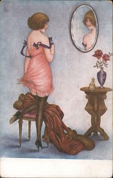 Woman in Slip Looking in Mirror Series 122 Xavier Sager Postcard Postcard Postcard