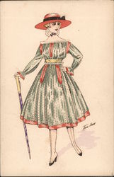 Woman in Green Dress and Hat with Walking Stick Series 12 Xavier Sager Postcard Postcard Postcard