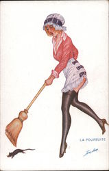 Maid in stockings chases rat with broom Series 67 Xavier Sager Postcard Postcard Postcard