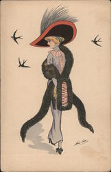 Woman In Hat And Furs Walks As Three Sparrows Fly By Series 4288 Xavier Sager Postcard Postcard Postcard