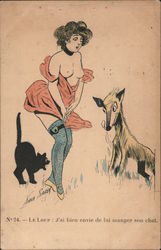 An animal looks on to a bare breasted woman and her cat. Xavier Sager Postcard Postcard Postcard