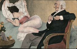 Doctor polishes spectacles while he looks at woman asleep with face in pillow Series 412 Postcard