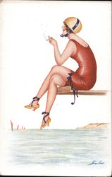 Woman in red bathing suit, heels and helmet, smoking a cigarette on a dock Series 115 Xavier Sager Postcard Postcard Postcard