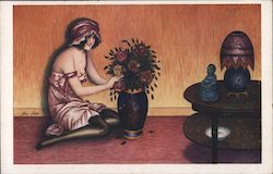 Woman in Slip Sitting With A Vase Of Roses Series 149 Postcard