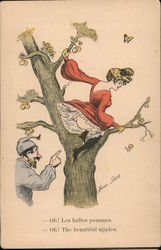 Woman Climbing Tree In Dress Exposes Bottom While Man In Cap Looks On, The Beautiful Apples Xavier Sager Postcard Postcard Postcard