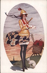 French woman stands next to windmill and dog. Series 169 Xavier Sager Postcard Postcard Postcard