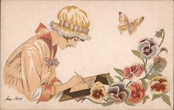 Woman Writing in Book, Flowers and Butterfly Postcard