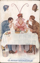 WWI Woman at a Dinner Table with Two Men Series 25 Xavier Sager Postcard Postcard Postcard