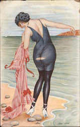 Young women, on the beach, just realizing her swimsuit has a tear in the buttocks section. Series 18 Xavier Sager Postcard Postc Postcard