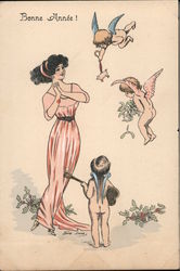 Happy New Year - Woman with Three Cherubs Bearing Pig, Wishbones and Guitar Series 4272 Postcard