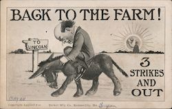 William Jennings Bryan: Back to the Farm! 3 Strikes and Out Postcard