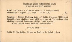 Young Democratic Club Monthly Meeting Richmond, VA Political Postcard Postcard Postcard