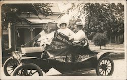 Couple Driving Pennant Decorated Car Cars Postcard Postcard Postcard