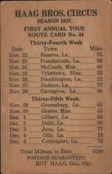 1937 Haag Bros. Circus Tour Route Card for Nov. 22 - Dec. 5 Postcard Postcard Postcard