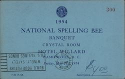 1954 National Spelling Bee Banquet Invitation: Hotel Willard Washington, DC Washington DC Postcard Postcard Postcard